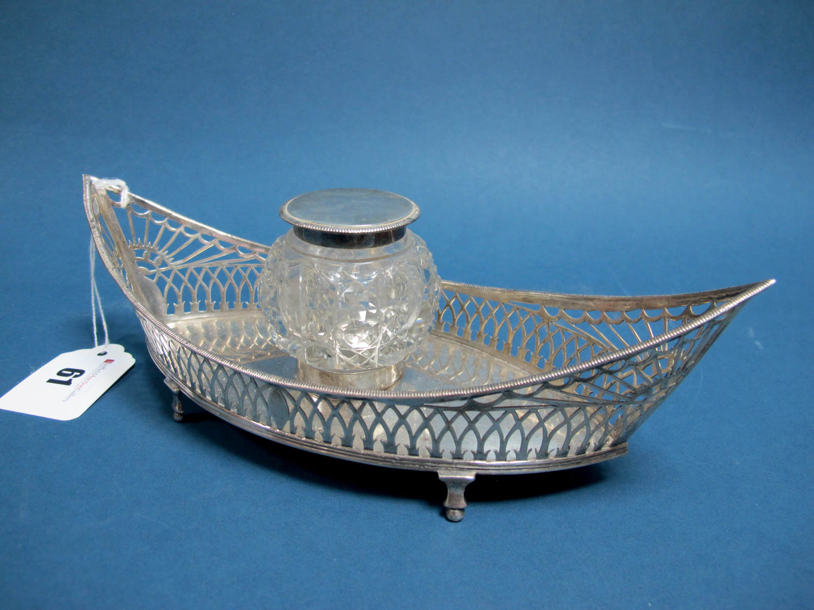 A Hallmarked Silver Inkstand, WB, Birmingham 1906, of openwork navette shape, loose fitted to the