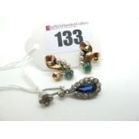 A Pair of Vintage Blue Zircon and Pearl Set Earrings, of Art Deco, abstract design, a screw post