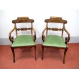 A Pair of XIX Century Regency Armchairs, with shaped top rails, scroll shaped arms, drop in seats,