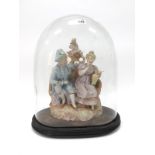 A XIX Century Bisque Pottery Figure Group, of a seated Regency courting couple, 31cm high (cherub