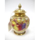 A Royal Worcester Porcelain Pot Pourri Jar and Cover, painted by A. Morris, signed, with fruit on