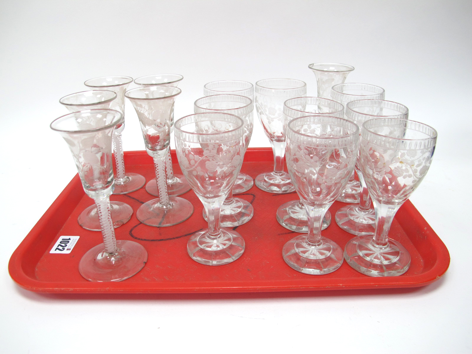 A Set of Six XVIII Century Style Wine Glasses, the bell bowls each etched with flowers and