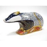 A Royal Crown Derby Paperweight, 'Woodland Badger', gold stopper, date code for 2007, gold signed by