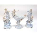A Late XIX Century German Bisque Porcelain Figural Garniture, decorated in shades of blue and