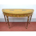 A XIX Century Style Painted Satinwood Demi-Lune Table, with central with floral decoration and
