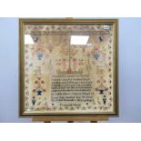 A Mid XIX Century Sampler, worked by Emma Lint, aged 11, 1852, Grenoside School, with verse, a scene