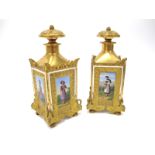 A Pair of Late XIX Century Feuillet Porcelain Bottles and Stoppers, of square form, painted in