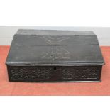A XVII Century Oak Bible Box, the fall front with book ledge and scratched on initials "I.M.