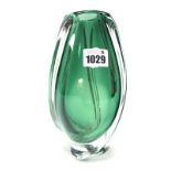 A Mid XX Century Val St Lambert Propeller Glass Vase, in graduated green and clear glass, engraved