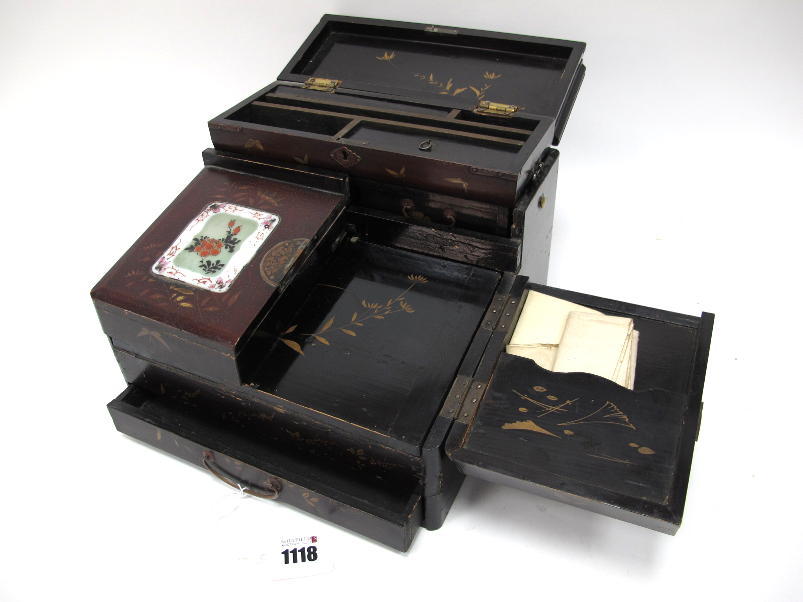 A Late XIX Century Japanese Lacquer Writing Box, the fold-out front with pull shut slope above a