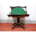 A XIX Century Rosewood Serpentine Shaped Card Table, with fold-over top and baize interior, the