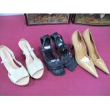 Three Pairs of Ladies Designer Shoes; Gucci black leather strap sandals, Costume National beige