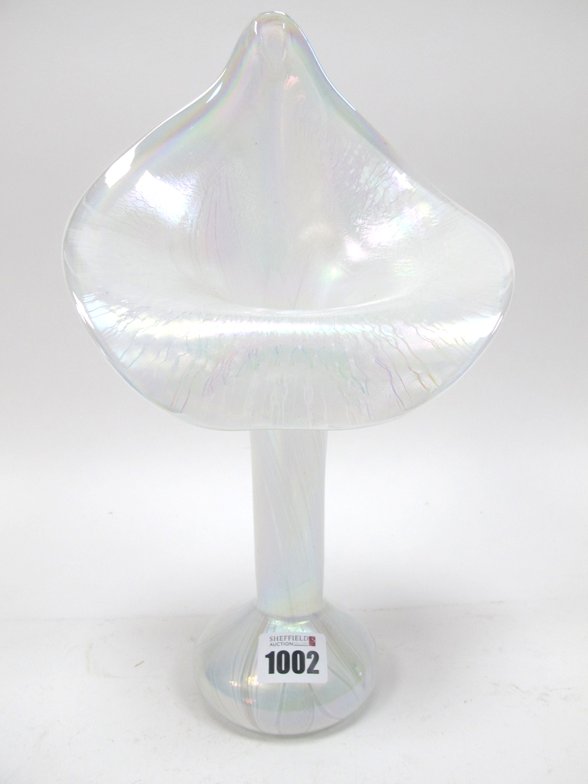 John Ditchfield for Glasform; A 'Jack in the Pulpit' Irridescent White Glass Vase, on bulbous