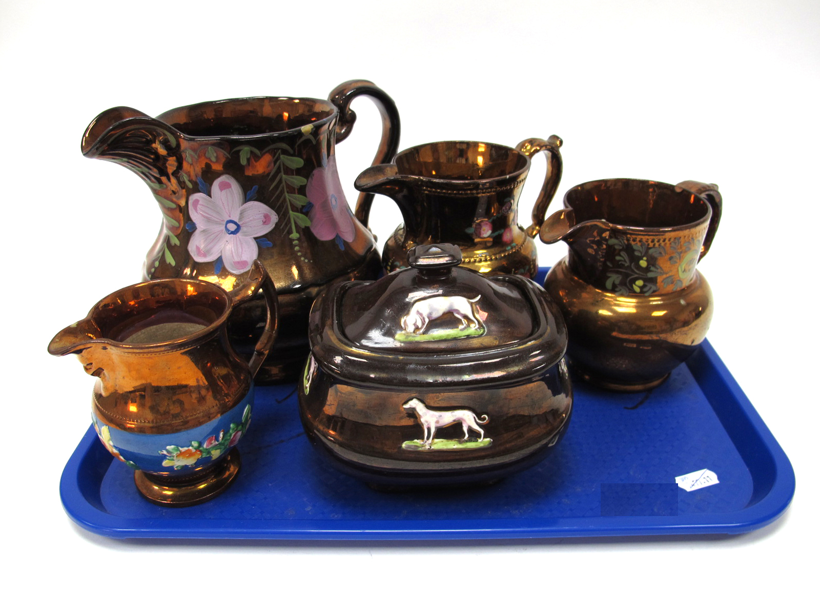 A Collection of Mid XIX Century Copper Lustre Ware, including sucrier and cover applied with