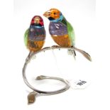 A Swarovski Crystal Paradise Bird Sculpture 'Goulden Finches - Peridot', on metal branch, 12.6cm