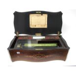 A Late XIX Century Swiss Musical Box, the shaped rectangular rosewood case with inlaid floral band