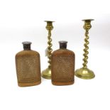 A Pair of Late XIX Century Glass Flasks Encased in Wicker Basketweave, the plated cover engraved "