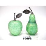 John Ditchfield for Glasform; An Apple and a Pear Green Iridescent Glass Paperweights, with