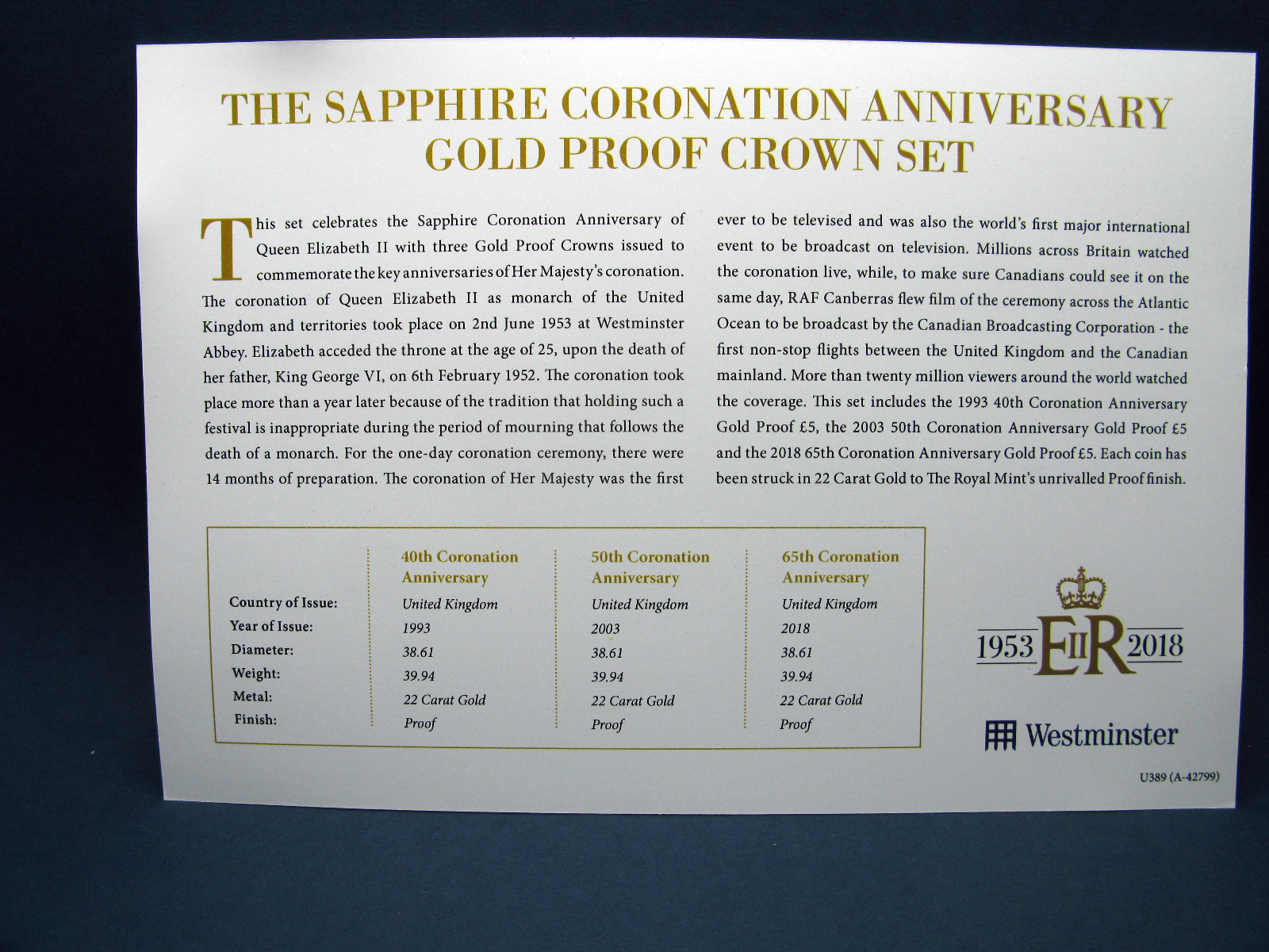 A Westminster Issue, The Sapphire Coronation Anniversary Gold Proof Crown Set, (three coins), - Image 3 of 3