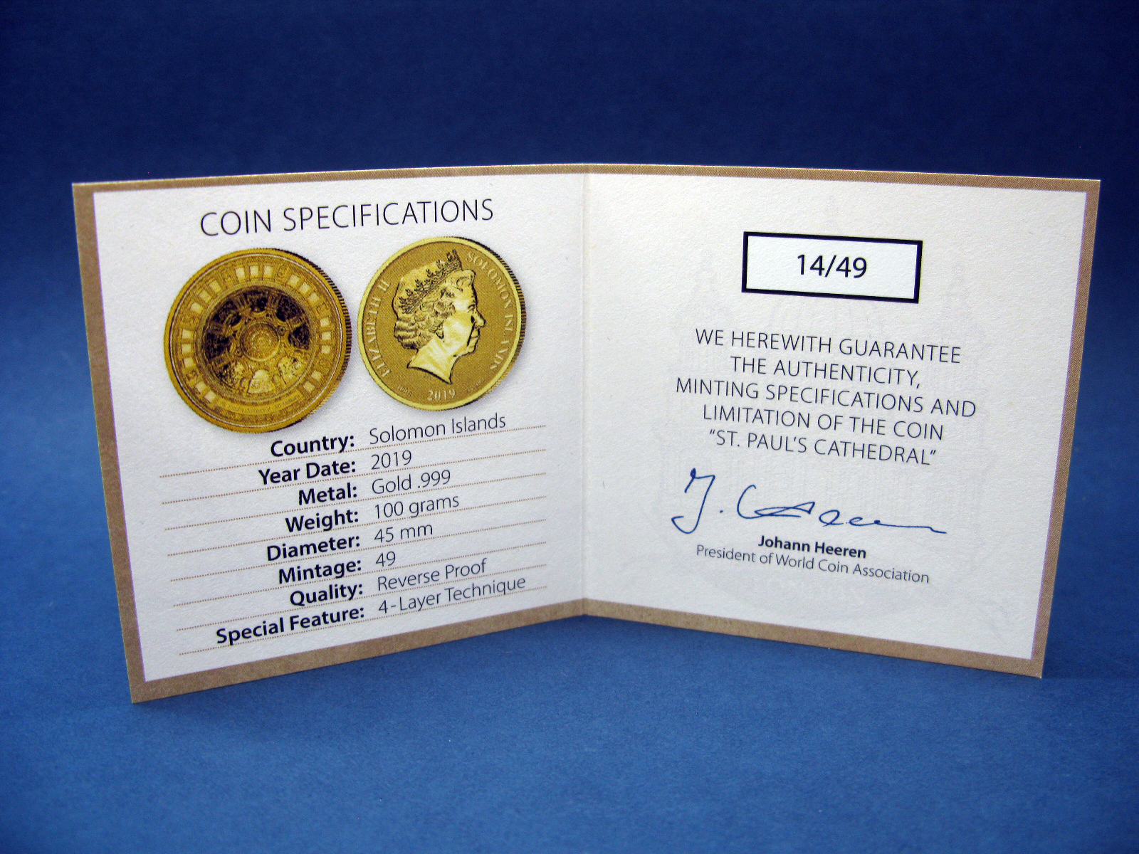 Solomon Islands 2019 .999 Gold Proof Coin 'St Paul's Cathedral - London', 100g, diameter 45mm. - Image 3 of 3