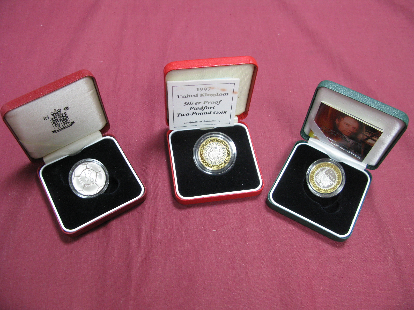 Three Royal Mint United Kingdom Silver Proof Two Pounds Coins, comprising of 1996 'Euro 96' Coin,