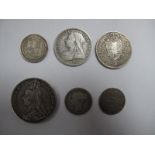 Six Queen Victoria United Kingdom Silver Coins, including Crown 1890 (JH), Halfcrown 1899, 1900, One