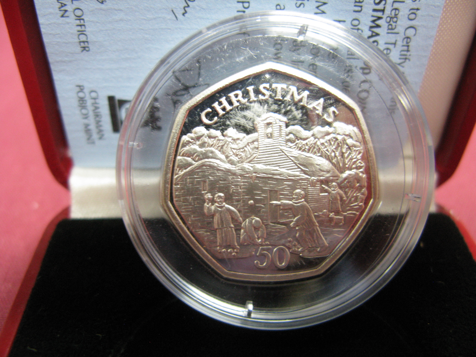 A Pobjoy Mint Isle of Man Silver Proof Christmas Fifty Pence Coin 1996 'Choirboys Snowball Fight',