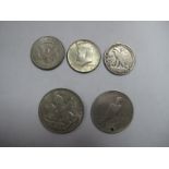 George V Crown 1935, US Silver One Dollar (drilled) 1922, US Half Dollars 1964, 1967, 1944.