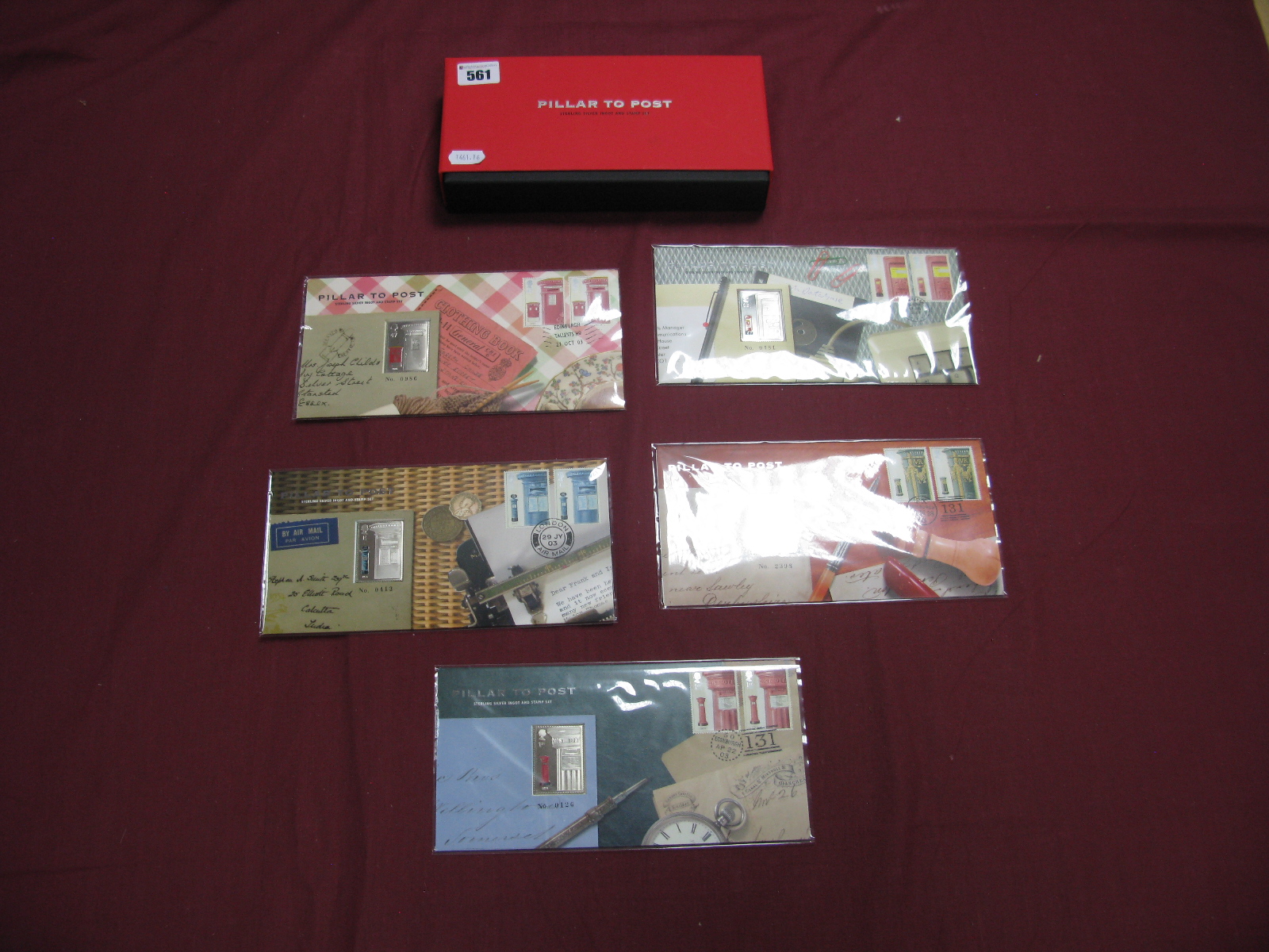 A Royal Mail/Royal Mint Pillar To Post Sterling Silver Ingot and Stamp Set, (five presentation
