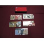 A Royal Mail/Royal Mint Pillar To Post Sterling Silver Ingot and Stamp Set, (five presentation