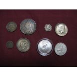 Eight Silver Coins, to include Queen Victoria Shilling 1884, Australia Florin 1954, Queen Victoria