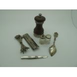 A Hallmarked Silver Mounted Turned Wood "Peter Piper Pepper" Mill, PG Co Ld, London 1956; a small
