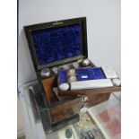 A XIX Century Walnut Travelling Box, the plush lined fitted interior with assorted stoppered glass