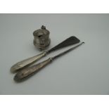 A Hallmarked Silver Lidded Mustard, together with a matching hallmarked silver handled shoe horn and