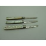 Three Hallmarked Silver and Mother of Peal Single Blade Folding Fruit Knives, each with decorative