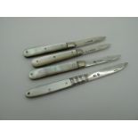 Four Hallmarked Silver and Mother of Pearl Single Blade Folding Fruit Knives, each with plain scales