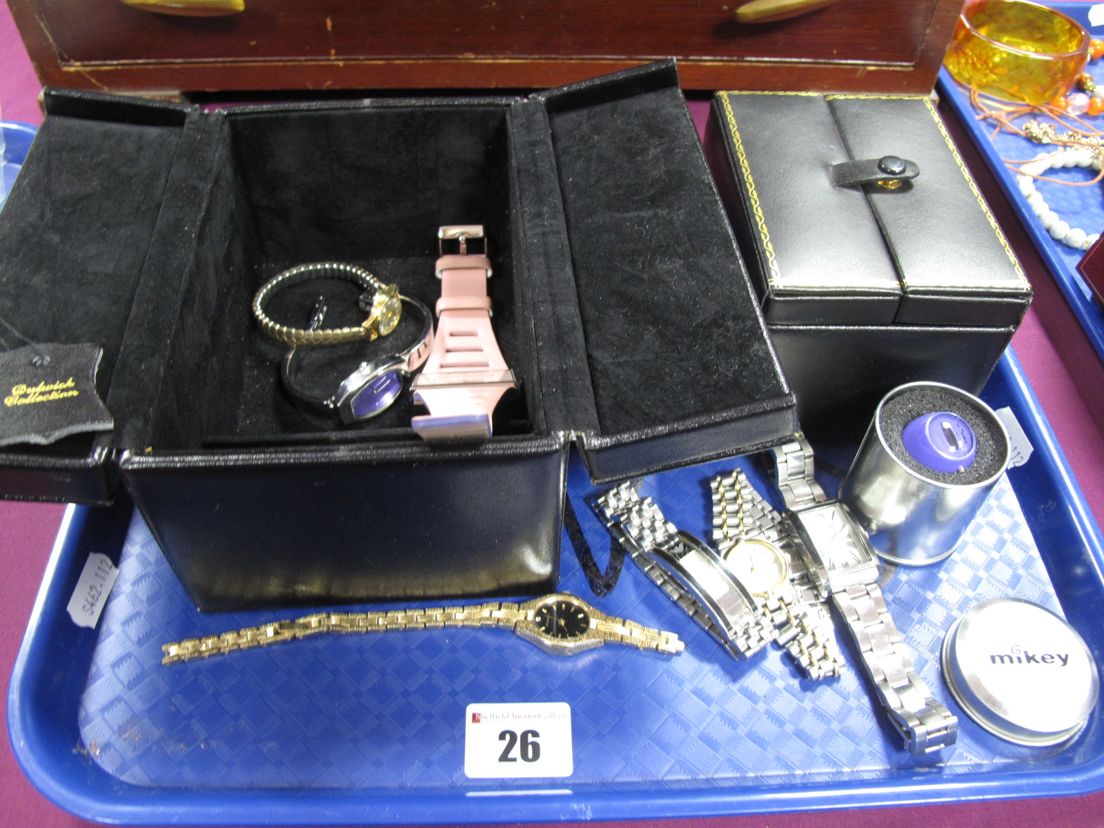 Ladies Wristwatches, novelty 'Mickey' ring watch, leather jewel cases:- One Tray