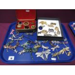 A Large Selection of Dragonfly Style Costume Brooches, including diamanté, ornate, etc. A small