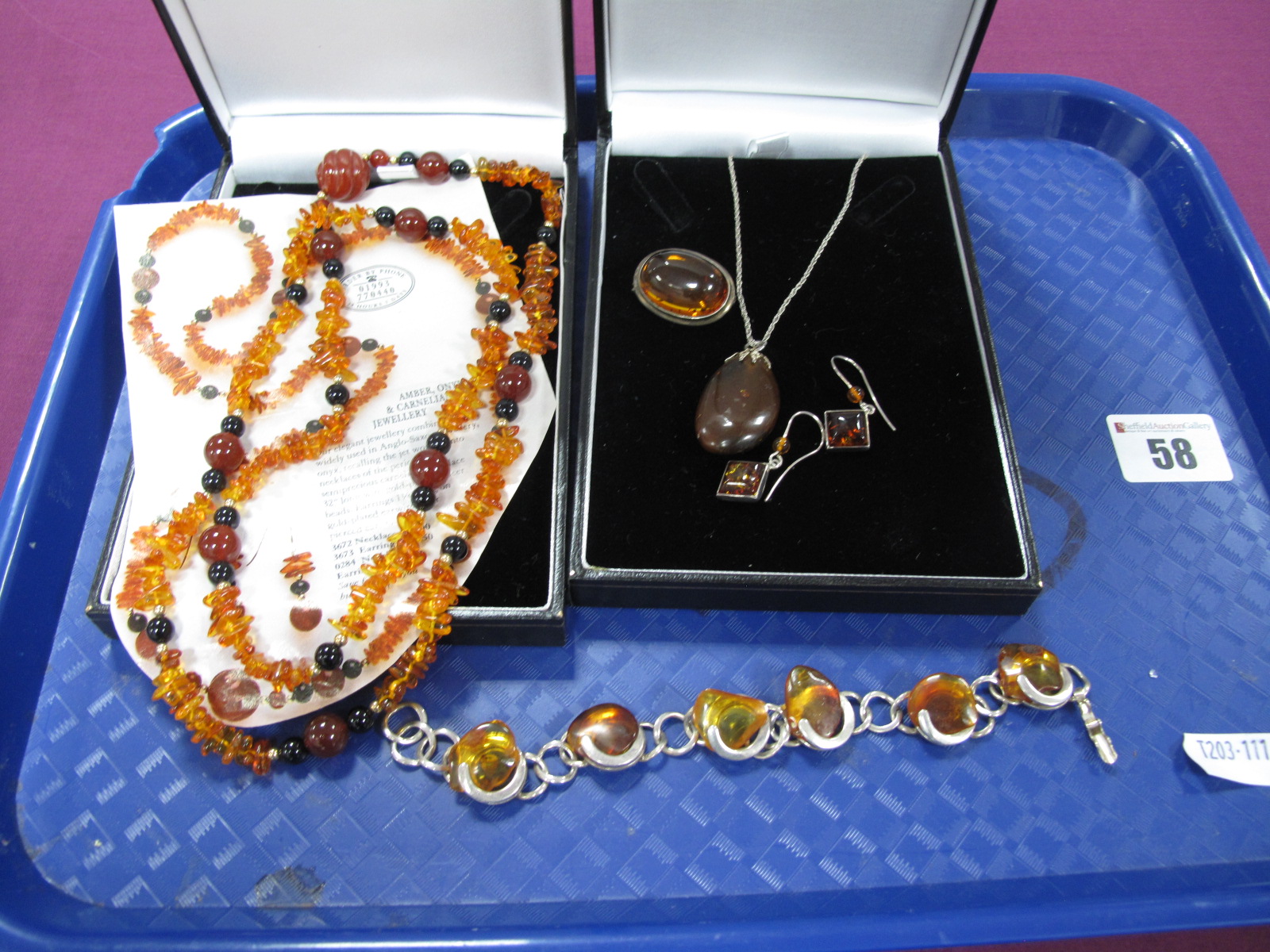 A Small Collection of Amber Coloured Jewellery, including a modern bracelet, stamped "925". a