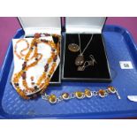 A Small Collection of Amber Coloured Jewellery, including a modern bracelet, stamped "925". a