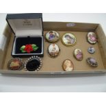 A Collection of Assorted Brooches, including Royal Doulton ceramic flowers, portrait panel brooches,