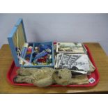 A Gold Plush Teddy Bear (Well Loved), quantity of post cards, publications, needlework set:- One