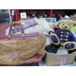 Four Harrods Teddy Bears, suede week end bag, suit carrier, briefcase and a large tapestry cushion