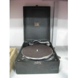 HMV Portable Gramophone, with black leatherette covering, a quantity of 78 rpm records.