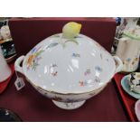 Continental Porcelain Soup Tureen, of circular form, hand painted with butterflies and foliage,