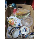 A Pottery Piggy Bank, 24.5cm long, Portuguese egg holder, teapot, crested ware, Doulton glass ware:-