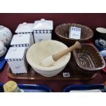 Two XIX Century Earthenware Jelly Moulds (rim chips), mortar and pestle, kitchen jars:- One Tray.