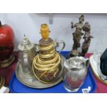 Chinese Brass Vase, converted to a table lamp, spelter figures (damaged) pewter tea service, hot