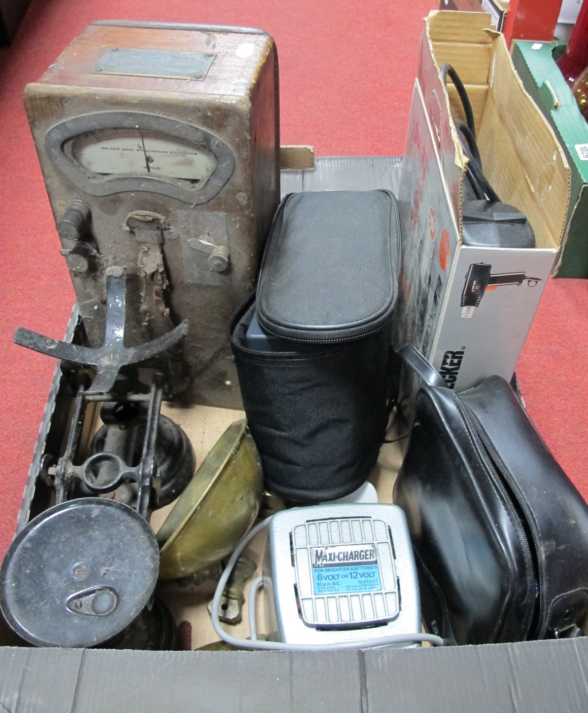 Librasco Scales, active tools compressor, Ohmer Meter by Nalder & Thompson, binoculars, heat gun