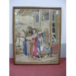 A XIX Century Woolwork Tapestry Religious Scene, with four figures dressed in robes, in an oak frame